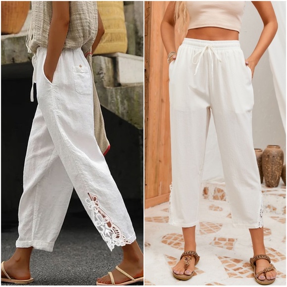 080 White Lace Detail Pockets Cotton Pants - Picture 3 of 6